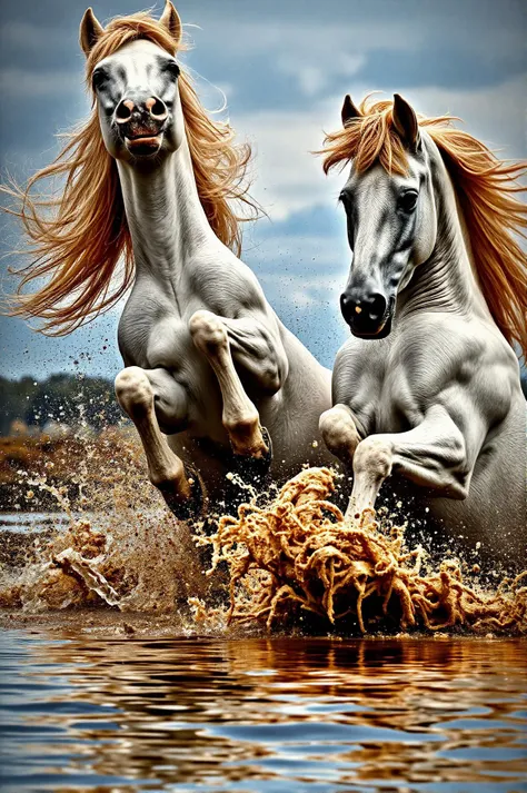 Dynamic composition featuring two white horses in motion, rearing and biting with splashes of muddy water capturing a vigorous scene, textured manes billowing against a vibrant gray-blue sky. Earthy tones contrast with dramatic lighting emphasizing equine details, reflections shimmering on the water's surface enhancing the energetic atmosphere characterized by action and intensity