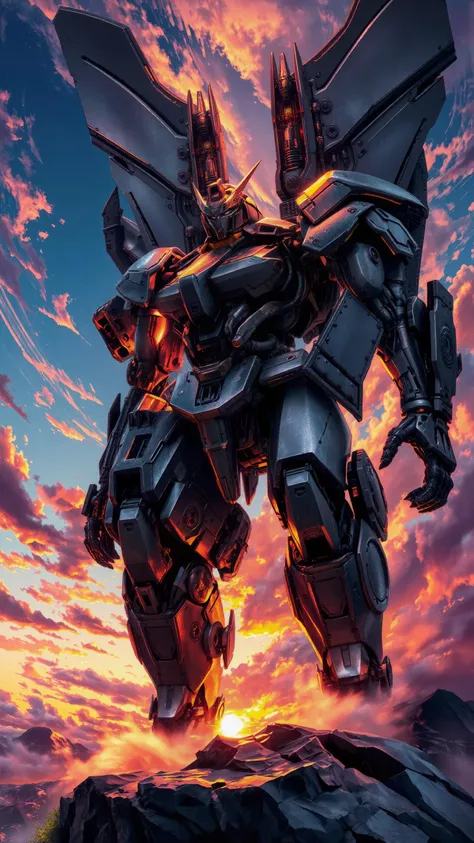 A wide-angle view showcasing a colossal mecha standing atop a jagged cliff, its metallic surface gleaming under a vibrant sunset sky. Intricate circuitry and armor plating reflect the warm colors, as wispy clouds swirl around. A detailed digital painting with dynamic lighting creating an awe-inspiring atmosphere