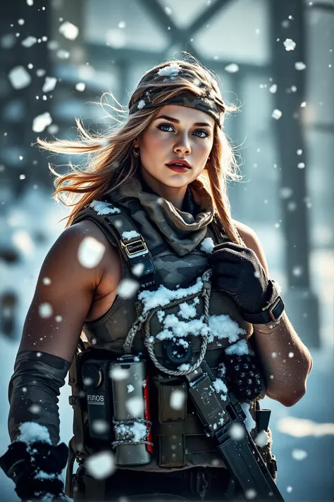 muscular soldier girl in winter camo standing confidently, blue eyes glistening against the cold backdrop. Flurries of snow swirl around her as she dons a camouflage plate carrier rig and combat gloves. The environment features thick snowflakes cascading in the bright daylight, capturing a realistic scene in high detail. Captured with a Fujifilm XT3, 35mm f/1.4 lens, featuring realistic depth of field and moody lighting