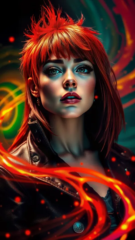 A highly detailed 8k raw photo capturing a dark red mohawk girl with striking green eyes, her leather jacket glistening under dramatic volumetric lighting. A dynamic background swirls with vibrant colors, emphasizing her powerful presence