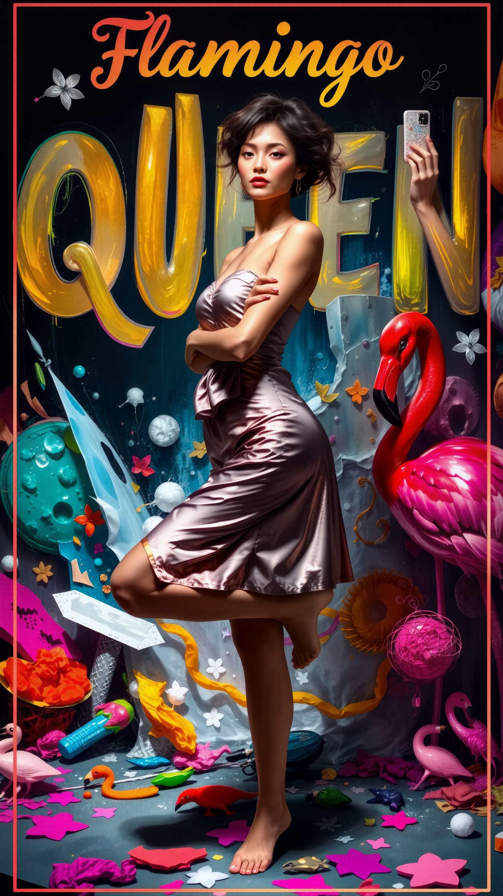 Text letters and words that says "Flamingo Queen" in playful, colorful script at the top of the scene, a woman in silky nightwear balancing gracefully on one foot with a playful pose. A close-up portrait composition emphasizing her expression, surrounded by a vibrant and random dynamic background filled with abstract shapes and colors. A photorealistic digital painting, highly detailed with volumetric lighting creating soft shadows that enhance her figure