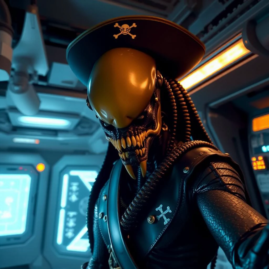 (raw photo, digital photo), selfie shot of black alien xenomorph in pirate attire, indoors, space station, mainframes, dark photo, horor, tension, dim led lights, insane details