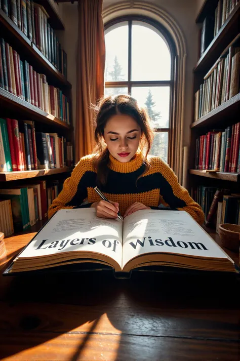 Text letters and words that says "Layers of Wisdom" in elegant black lettering on an open book, centered in a cozy study corner with a woman in a yellow and black pullover writing. A wide-angle raw photo featuring symmetrical balance and intense focus on the crisp pages turning. Vintage wooden bookshelves filled with colorful spines surround her, enhancing the cozy reading nook atmosphere. Sunlit ambiance pours in through a window, casting soft shadows over the scene. A vivid realism emphasizing rich details, showcasing her concentration and the warm, inviting space