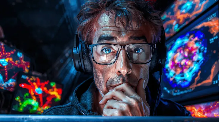 The artist associated with Photorealism is Chuck Close.
Prompt: Create an artwork where a character with glasses and headphones is immersed in a dimly lit, tech-inspired environment. Capture the intricate details of their thoughtful expression and casual attire, reflecting Chuck Close's meticulous approach. The background should feature vibrant screens with dynamic, colorful graphics, enhancing the futuristic, cyberpunk ambiance. Emphasize the texture and play of light to convey a blend of technology and creativity in the workspace, reminiscent of Close's precise, lifelike style.