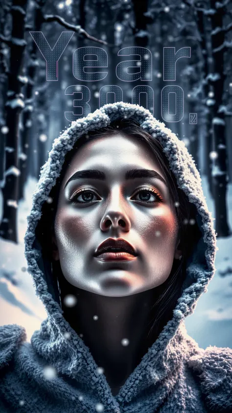 Text: "Year 3000" in futuristic digital font displayed prominently against a backdrop of a snow-covered woman, highlighting the contrast of the cold environment. A dramatic, high-angle view capturing the woman in sharp detail, surrounded by trees blanketed in snow. Her skin glistens under the soft, volumetric lighting, shimmering particles drifting in the air. The forest creates a sci-fi atmosphere, enhanced by a hyperrealistic portrayal of intricate textures and visuals, resembling the styles of Kim Jung Gi and Greg Rutkowski. The lighting casts an ethereal glow, embodying the essence of depth and cinematic quality