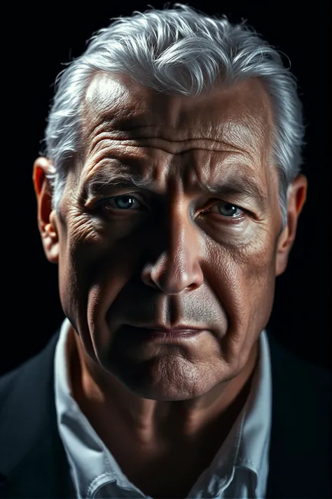 A close-up camera angle focused on a stern, middle-aged man with silver hair and a serious expression, creating a centered and symmetrical composition. His intense gaze and furrowed brow capture the essence of seriousness, while the deep shadows highlight the textures of his skin. His well-tailored black attire adds to the formal style, contrasting sharply against the stark black background, where dramatic chiaroscuro lighting enhances his prominent features with bold highlights and deep contrasts