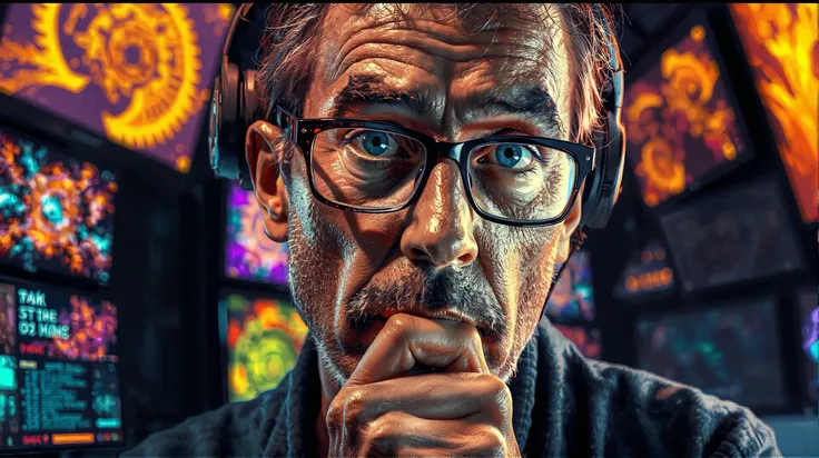 The artist associated with Photorealism is Chuck Close.
Prompt: Create an artwork where a character with glasses and headphones is immersed in a dimly lit, tech-inspired environment. Capture the intricate details of their thoughtful expression and casual attire, reflecting Chuck Close's meticulous approach. The background should feature vibrant screens with dynamic, colorful graphics, enhancing the futuristic, cyberpunk ambiance. Emphasize the texture and play of light to convey a blend of technology and creativity in the workspace, reminiscent of Close's precise, lifelike style.
