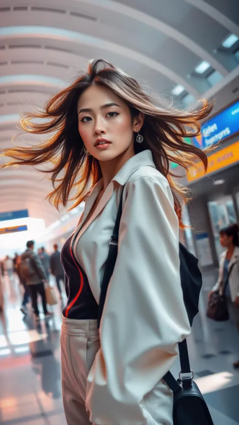 A stunning and photorealistic image of a woman in zxbjns standing confidently in an airport terminal, her hair gracefully spread out around her. A close-up shot capturing intricate details in her expression and outfit, surrounded by bustling travelers and modern architecture of the airport in vivid colors. Highly detailed 8k raw photo showcasing dynamic lighting effects with volumetric shadows cascading across the scene