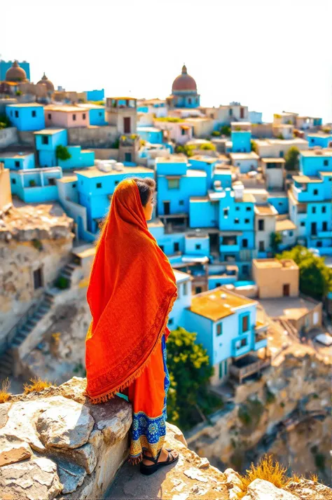 A high-angle view showcasing a scenic landscape with a woman with long hair in a colorful orange and blue outfit, draped in a flowing red dupatta, gazing thoughtfully into the distance. Intricate blue and earthy toned buildings rise in the background, harmoniously arranged. Surrounding her is a rugged stone wall that adds texture, leading the eye toward the sprawling cityscape of blue-painted houses. The watercolor painting employs fluid brushstrokes and a bright color palette, softly illuminated by warm sunlight