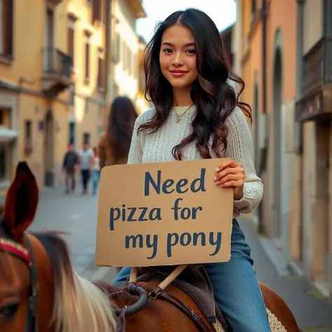 photo, realistic, Film still, cinematic, upperbody, tall, slim delicate 20yo italian female, with jetblack wavy hair, in long sweater, denim pants, riding pony, holding sign with handwritten text: "Need pizza for my pony",cheerful female, outdoors, Rome, street, natural lights, natural lighting, (top quality, best effects:1.4)