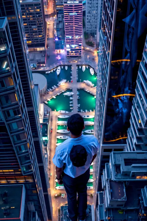 A dynamic bird's-eye view captures a symmetrical layout with two young men, one in a red tank top and the other in a white shirt, atop a skyscraper, showcasing thrilling camaraderie. Below, the bustling marina teems with boats surrounded by sleek high-rise buildings, dynamic lines guiding the gaze outward. Richly hued urban lights and various textures of glass and concrete enhance the scene, illuminated by ambient city lights reflecting vibrantly across the landscape.