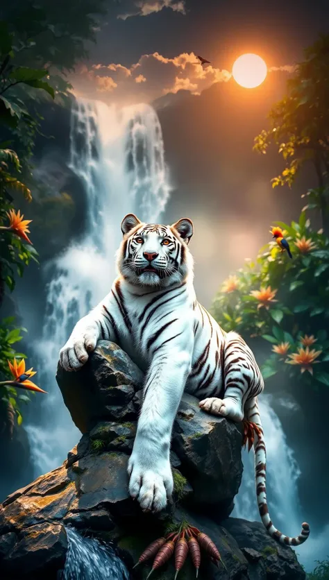 Volumetric Lighting, long shot scenic professional photograph of A strikingly beautiful white tiger rests on a stone ledge above a waterfall in a dense jungle. Mist rises from the falls, catching the sunlight, and birds of paradise flit around the tiger, whose pale fur contrasts with the vibrant greenery, perfect viewpoint, highly detailed, wide-angle lens, hyper realistic, with dramatic sky, polarizing filter, natural lighting, vivid colors, everything in sharp focus, HDR, UHD, 64K, Photorealistic, Hyperrealistic, Hyperdetailed, analog style, soft lighting, subsurface scattering, realistic, heavy shadow, masterpiece, best quality, ultra realistic, 8k, golden ratio, Intricate, High Detail, film photography, soft focus, light depth, dramatic atmospheric lighting, Volumetric Lighting