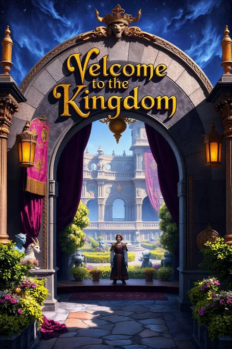 Text letters and words that says "Welcome to the Kingdom" in elegant gold lettering on a stone archway, blending into the regal fantasy kingdom. A wide-angle view emphasizing the grandeur of royal architecture, intricate tapestries hanging vibrantly. Noble figures in rich garments speak with magical creatures adorned with fabled essences around luxurious gardens, showcasing ornate details of the landscapes. A high-definition pen and ink masterpiece, highlighting majestic splendor alongside mythical richness. Regal lighting creates a dramatic atmosphere, enhancing the enchanting visuals