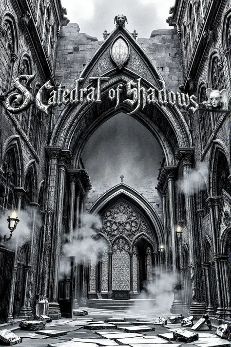 Text letters and words that says "Cathedral of Shadows" in gothic lettering at the entrance of a majestic, crumbling gothic cathedral ruins, shrouded in eerie mist and silent echoes. A high-angle shot reveals the haunting architecture with delicate details, showcasing crumbling arches and gargoyles perched ominously above. The surroundings are filled with fragments of ancient splendor, where time-worn history whispers through the air. A detailed UHD pen and ink sketch highlighting the intricate patterns of the stained glass windows, faint candlelight illuminating the solemn atmosphere