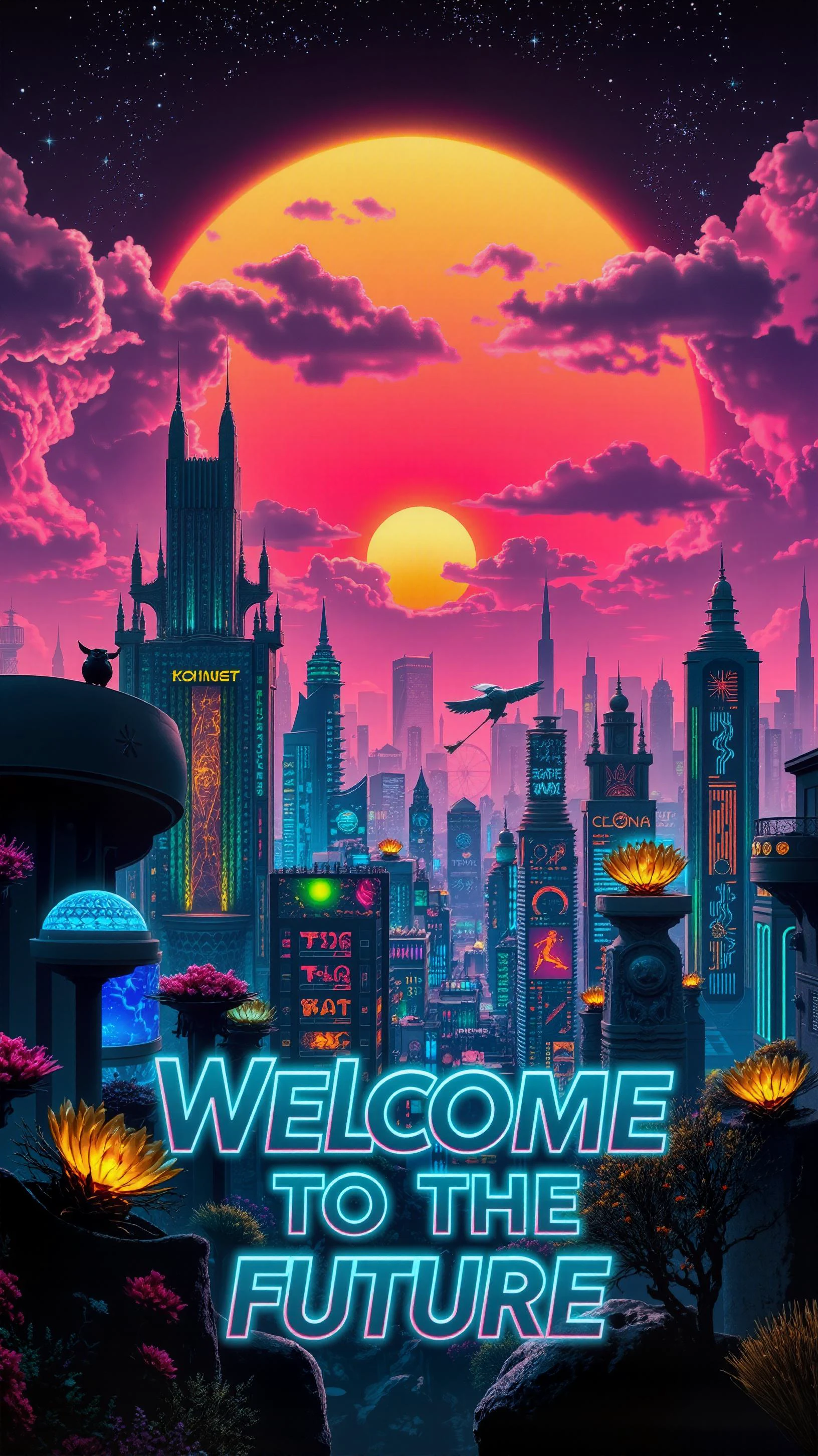 Text letters and words that says "Welcome to the Future" in bold neon font illuminated against a dazzling cyberpunk skyline of a city filled with fantastical alien flora. A wide-angle, high-definition portrayal showcasing the surreal blend of vibrant colors and intricate city architecture. The primary focus features towering buildings with unique designs, adorned with glowing lights and holograms. Secondary focus highlights strange birds with iridescent feathers darting through the scene. Surroundings include a massive sun setting in a sky filled with dynamic, swirling clouds and glittering stars. This hyperrealistic digital rendering captures the essence of a vivid alien environment combined with elements of contemporary design. Rays of light reflect off surfaces, enhancing the futuristic ambiance and creating striking contrasts