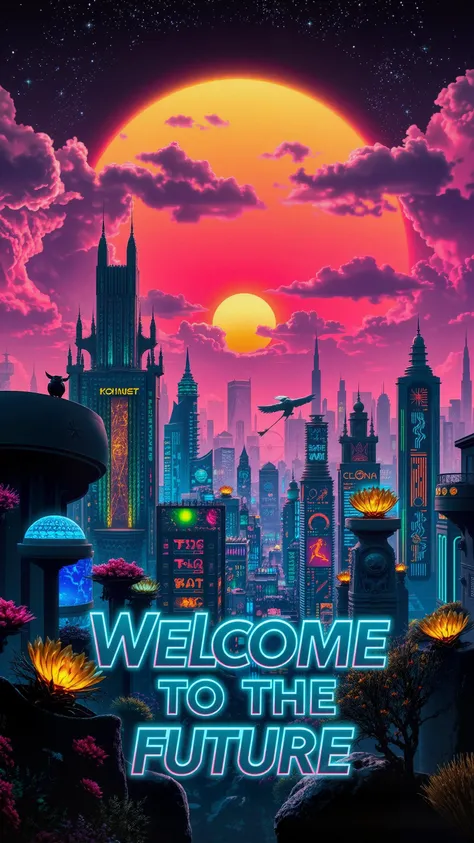 Text letters and words that says "Welcome to the Future" in bold neon font illuminated against a dazzling cyberpunk skyline of a city filled with fantastical alien flora. A wide-angle, high-definition portrayal showcasing the surreal blend of vibrant colors and intricate city architecture. The primary focus features towering buildings with unique designs, adorned with glowing lights and holograms. Secondary focus highlights strange birds with iridescent feathers darting through the scene. Surroundings include a massive sun setting in a sky filled with dynamic, swirling clouds and glittering stars. This hyperrealistic digital rendering captures the essence of a vivid alien environment combined with elements of contemporary design. Rays of light reflect off surfaces, enhancing the futuristic ambiance and creating striking contrasts