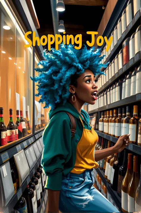 Text letters and words that says "Shopping Joy" in bright, playful font at the top, featuring a young woman with afro blue hair wearing casual attire, animatedly browsing shelves in a busy wine cellar. A dynamic angled view highlighting her expressive features and the vibrant colors of her clothing, with lively brushstrokes capturing the animated atmosphere. Reflections on the wine bottles add intricate details, illuminated by warm lighting creating an inviting ambiance