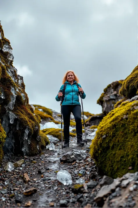 A slightly elevated viewpoint showcasing a confident woman of Caucasian descent in a turquoise jacket and black hiking pants, holding trekking poles. She stands firmly on sloping terrain amidst jagged icy formations, contrasting with the rich green moss and rocky ground. The cloudy sky painted in muted greys and hints of blue looms overhead, while soft natural light enhances the textures of the ice and lush vegetation.