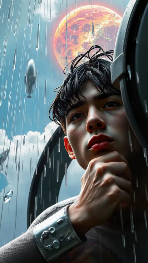 A striking young man with exceptionally beautiful white skin, captured in close-up as he leans against a gigantic metal sphere, the rainwater creating dramatic reflections. The cloudy sky looms overhead, featuring a colorful alien planet peeking through. A photorealistic portrait render that highlights the high saturation and detailed textures