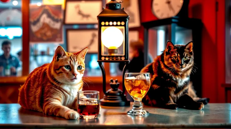 in the style of Wes Anderson, capturing a whimsical, cinematic moment with two cats perched on a vintage counter beside meticulously detailed drinks. Illuminate the scene with warm, ambient lantern light, enhancing the cozy, symmetrical setting. Emphasize the cats' unique fur patterns—one with a harmonious blend of orange and white, the other predominantly black with vibrant patches. Add meticulous details to the textured surface of the drinks, suggesting they contain whiskey, with ice cubes glistening in the gentle glow.