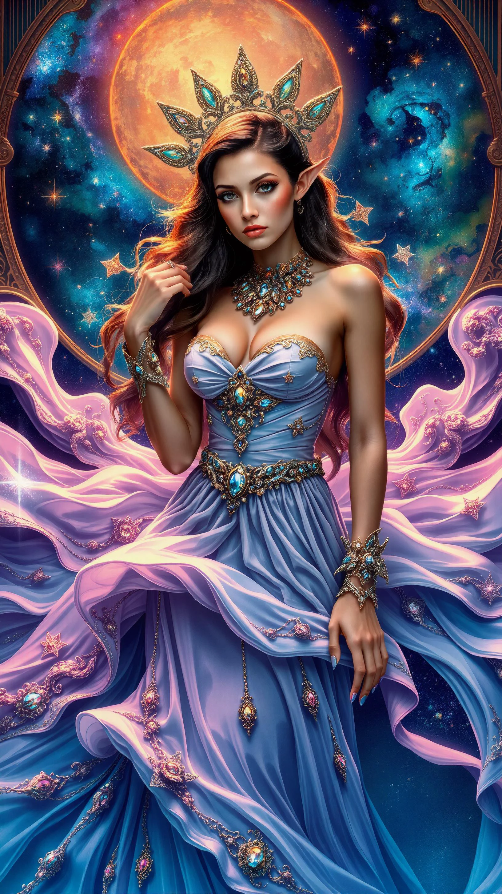 A highly detailed digital painting of a beautiful alien goddess resembling Bella Hadid, adorned in an exquisite Iris van Herpen dress, intricate jewelry sparkling with fractal designs. The composition features a flowing gown that ripples with vibrant colors. The background showcases a cosmic scene with swirling galaxies and luminous stars. The artwork is created in a style reminiscent of Alphonse Mucha, capturing the elegant Art Nouveau aesthetic. Ethereal lighting bathes the scene, enhancing the otherworldly atmosphere with a magical glow