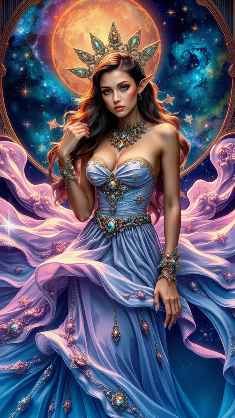 A highly detailed digital painting of a beautiful alien goddess resembling Bella Hadid, adorned in an exquisite Iris van Herpen dress, intricate jewelry sparkling with fractal designs. The composition features a flowing gown that ripples with vibrant colors. The background showcases a cosmic scene with swirling galaxies and luminous stars. The artwork is created in a style reminiscent of Alphonse Mucha, capturing the elegant Art Nouveau aesthetic. Ethereal lighting bathes the scene, enhancing the otherworldly atmosphere with a magical glow