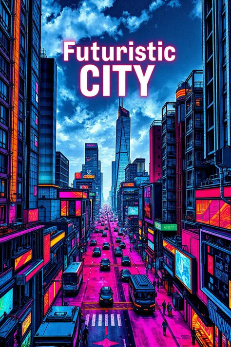 Text letters and words that says "Futuristic City" in bold modern font across a skyline filled with high-tech skyscrapers, brightly illuminated by neon lights and bustling with hovering vehicles. A wide-angle perspective showcasing the structured layout of the city and its advanced technology, with sleek designs and robotic assistants navigating the neon-lit streets. An intricate pen and ink artwork highlighting complex circuitry and urban innovation. The scene is bathed in dynamic neon illumination, creating a vibrant, mesmerizing atmosphereorealistic rendering
