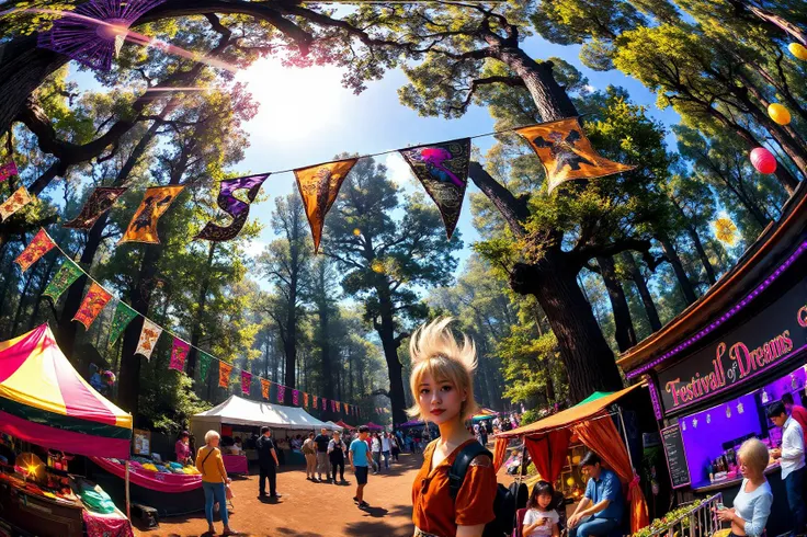 Text letters and words that says "Festival of Dreams" in vibrant banners strung between trees, showcasing a lively atmosphere filled with colorful tents and bustling crowds. A 360-degree aerial view captures the enchantment of the festival in an enchanted forest clearing. The frohawk white-haired young woman in casual clothes stands among friends near a food stall, laughter and excitement radiating from the scene. Colorful decorations and glowing lights add warmth, while intricate shadows dance among the trees beneath a dazzling sunlit sky, showcasing a photorealistic masterpiece