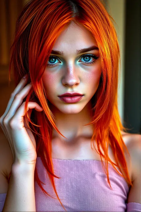 A close-up portrait of a young woman with striking features, centered in the frame, showcasing her vibrant orange-red hair framing her face and gently obscuring her freckles. Her piercing blue eyes are the focal point, reflecting light with depth and expressing vulnerability. Her skin has white brown tone. Subtle highlights dance across her skin against the rich auburn backdrop, while the softly blurred environment enhances her presence. Diffused natural lighting creates a serene atmosphere, blending warm and cool tones seamlessly.