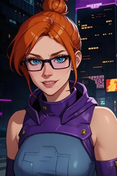 Kinzie, orange hair, blue eyes, hair bun,
purple shirt, elbow gloves, denim jeans, purple framed glasses,
solo, standing, upper body, smile,
cyberpunk, city,
(insanely detailed, beautiful detailed face, masterpiece, best quality) cinematic lighting,
<lora:Safeword-10:0.7>