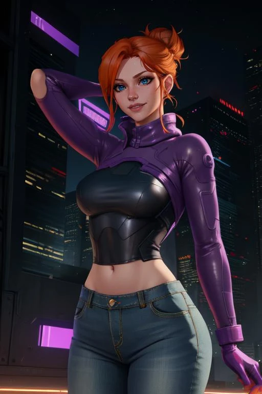 Kinzie, orange hair, olhos azuis, cabelos longos,
Cyberpunk, cidade,
(insanamente detalhado, Rosto bonito e detalhado, master part, best quality) Cinematic lighting, nsfw