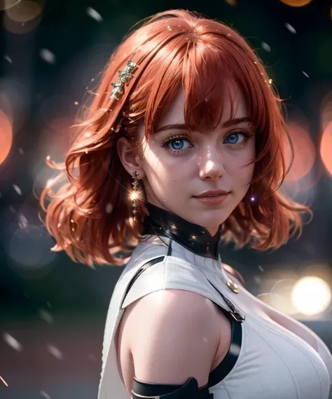 cinematic film still cinematic photo (bokeh, lens flare:1.3),sunset, ^ ^, backlighting, blurry, blush, depth of field, looking at viewer, smile,(ginger hair),(best quality, masterpiece, colorful, dynamic angle, highest detailed),(tess),(perfect hand),(tess),upper_body,(perfect hand),fashion photography of medium hair girl,dressing high detailed bodysuit,(high resolution textures),detailed,detailed background,snowing outdoors,perfect lighting,in dynamic pose,standing,HDR+, <lora:Tess Kotkin LORA_V1.0:0.65>,<lora:ç¼çå:0.8> . 35mm photograph, film, bokeh, professional, 4k, highly detailed . shallow depth of field, vignette, highly detailed, high budget Hollywood movie, bokeh, cinemascope, moody, epic, gorgeous, film grain, grainy