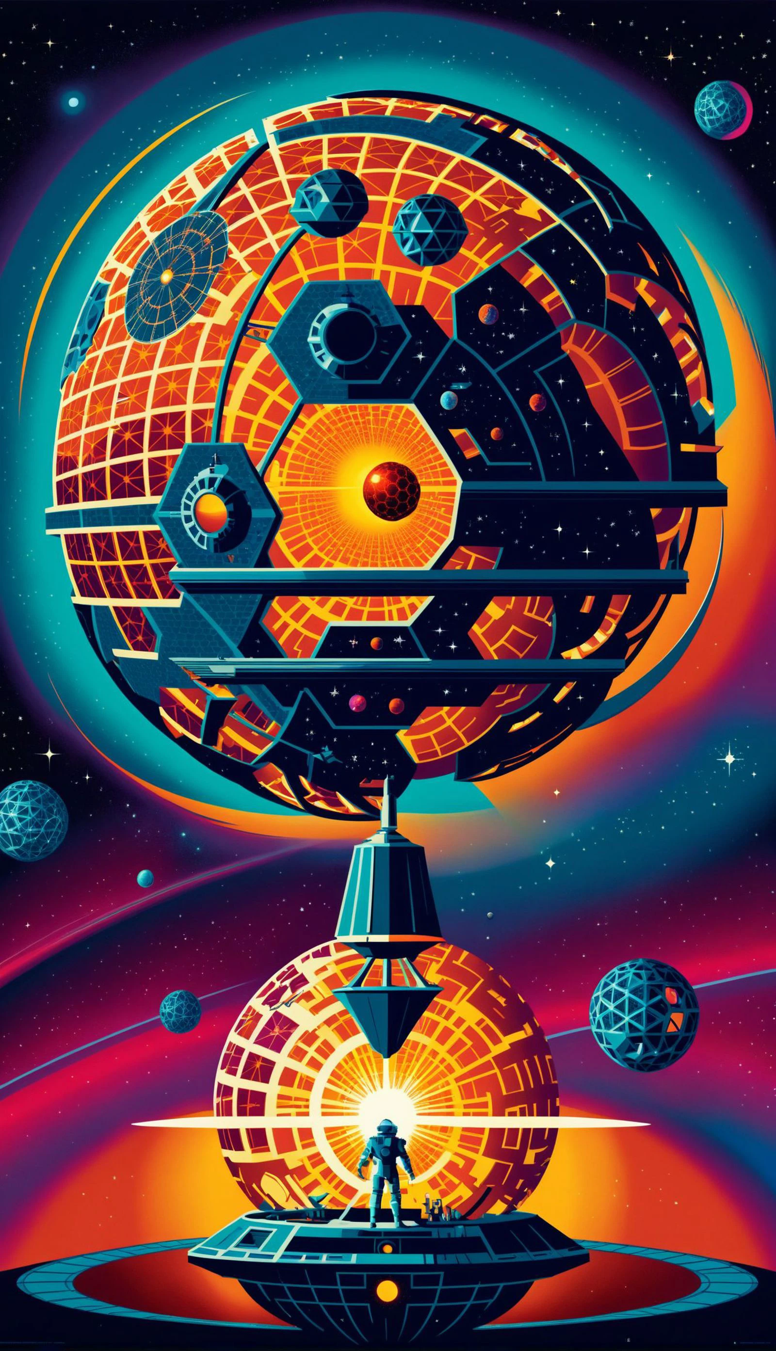 A lithograph print showing a dyson_sphere being built in outer space, (((vibrant and saturated triadic colors))) The poster is designed in an art deco style <lora:dyson_sphere_sdxl_12:1>
<lora:Tom_Whalen_XL:.8> poster by tom whalen
