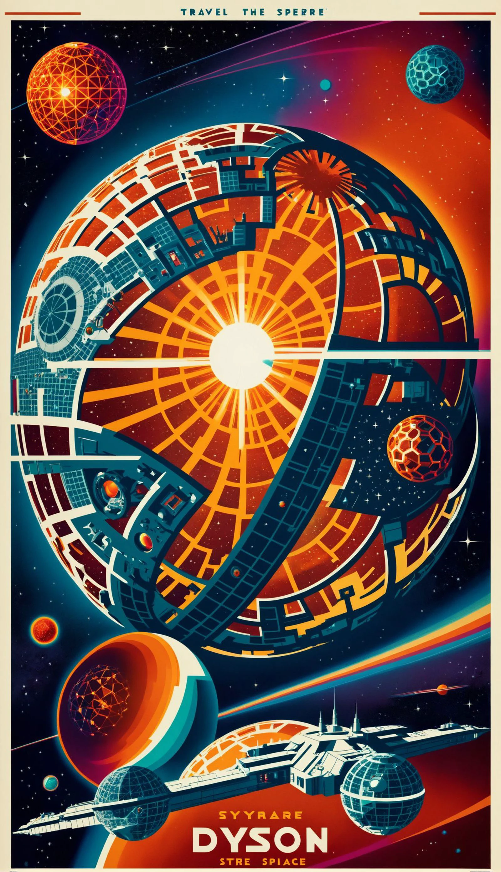 A vintage travel poster showing a dyson_sphere being built in outer space, (((vibrant and saturated triadic colors))) The poster is designed in an art deco style <lora:dyson_sphere_sdxl_12:1>
<lora:Tom_Whalen_XL:.8> poster by tom whalen