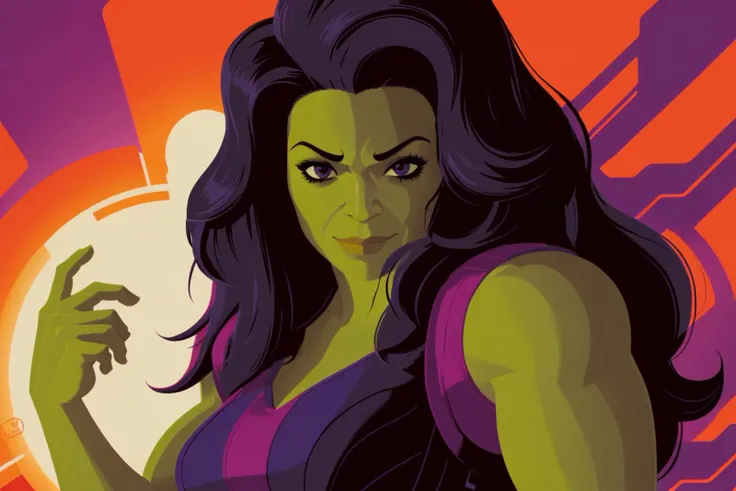 poster of <lora:She_Hulk:0.8> she-hulk . digital artwork by tom whalen, bold lines, vibrant, saturated colors <lora:Tom_Whalen_XL:1>