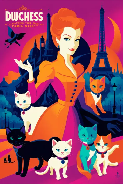 poster of duchess maintains grace and elegance, cares for her kittens, and navigates through paris with thomas o'malley . digital artwork by tom whalen, bold lines, vibrant, saturated colors <lora:Tom_Whalen_XL:1>