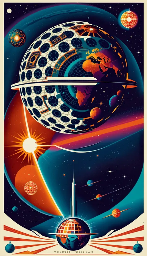 A vintage travel poster showing a dyson_sphere being built in outer space, (((vibrant and saturated triadic colors))) The poster is designed in an art deco style    <lora:dyson_sphere_sdxl_12:1> 
 <lora:Tom_Whalen_XL:.8> poster by tom whalen