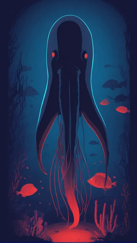 giant ocean creature barely visible in the blue darkness of the ocean brings a slow surge of fear when we notice its actually a creature, this image has a effect that plays with the viewer sense of depth and distance since its deep underwater, the creature is huge but cute and has this threads thin and silky that are long disappearing into the deep, translucid peaceful feeling, digital artwork by tom whalen <lora:Tom_Whalen:0.5>