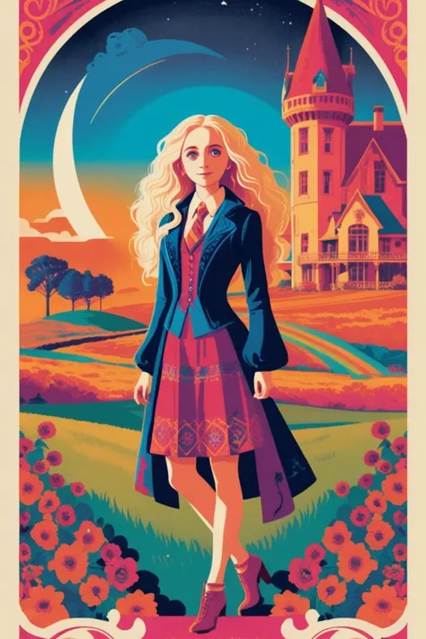 concept poster art luna lovegood, full body portrait at countryside manor <lora:tomWhalen-xl:0.8>. digital artwork by tom whalen, bold lines, vibrant, saturated colors, dynamic fusion of retro and contemporary elements