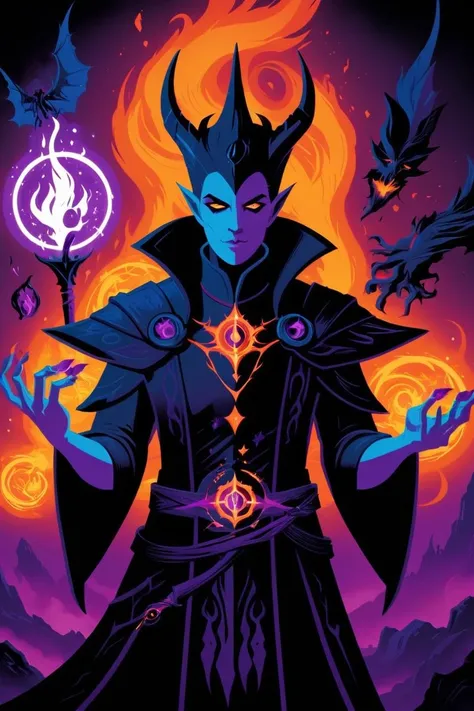 poster of a nightborne warlock harnesses the power of fel magic, summoning infernals and casting destructive spells to devastate enemies . digital artwork by tom whalen, bold lines, vibrant, saturated colors <lora:Tom_Whalen_XL:1>