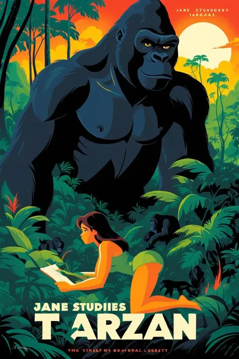 poster of jane studies gorillas in their natural habitat, develops a deep connection with tarzan, and documents their behavior . digital artwork by tom whalen, bold lines, vibrant, saturated colors <lora:Tom_Whalen_XL:1>