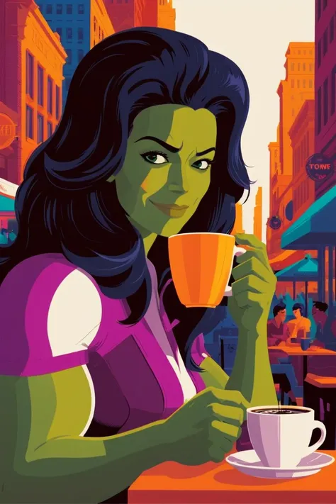 poster of <lora:She_Hulk:0.8> She-Hulk Enjoying Coffee in a Bustling Downtown Café . digital artwork by tom whalen, bold lines, vibrant, saturated colors <lora:Tom_Whalen_XL:1>