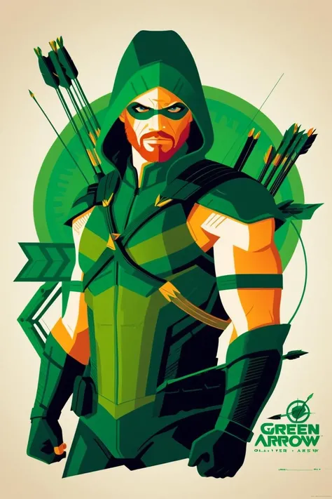 poster of green arrow (oliver queen) . digital artwork by tom whalen, bold lines, vibrant, saturated colors <lora:Tom_Whalen_XL:1>