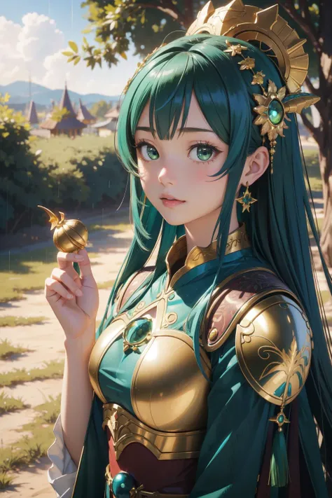 1girl, (designed by Elisabeth Sonrel:0.9) and (Suguru Tanaka:0.7) and (Hans Makart:0.9) , masterpiece, intricate background, aerial shot of a Dragonpunk Mystical Indigo and Gold [Serbian|Ashkenazi] ([Acorn|Cranberry]:1.3) , it is anthropomorphic reimagined as a HBO Spartacus series character, it is sleek, Dried Campground in background, Charcoal grass with Eucalyptus, Raining, shallow depth of field, Cel shading, Flustered, Decora, side lit, pinhole lens, deep green color grading, full of fluorescent green, vintage, UHD, contest winner