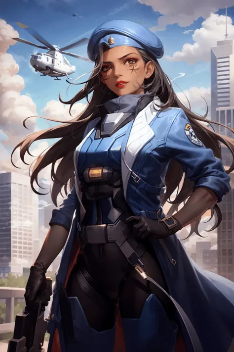 masterpiece, best quality,1girl, aged down, weapon, rifle, dark-skinned female, hat, holding, gun, dark skin, solo, aircraft, long hair, holding weapon, beret, sky, bodysuit, cloud, official alternate costume, black hair, cowboy shot, emblem, facial mark, lips, sniper rifle, makeup, holding gun, cloudy sky, building, logo, coat, black gloves, nose, gloves, armor, outdoors, day, brown eyes, open clothes, open coat, military, lipstick, airplane, blue coat, helicopter, power armor, long coat, closed mouth, eye of horus, blue sky, blue jacket, smoke, red lips, eyeliner, wind, blue headwear, jacket, parted lips, skyscraper, standing