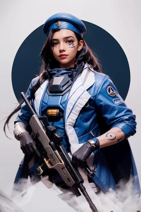 masterpiece, best quality,1girl,egyptian,eye of horus, sniper rifle, holding, holding weapon, fsical,facial tattoo