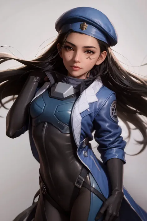 masterpiece, best quality,1girl,facial mark,bodysuit,grey background, (kbxll:0.6)