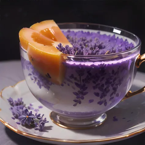 <lora:magictea:0.8>, glass teacup of magical lavender liquid, cantaloupe slice, <clip:skip:2>, masterpiece, 8k, high resolution, shallow depth of field, sharp focus