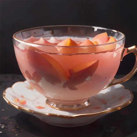 <lora:magictea:0.8>, glass teacup of magical coral liquid, peach slice, <clip:skip:2>, masterpiece, 8k, high resolution, shallow depth of field, sharp focus