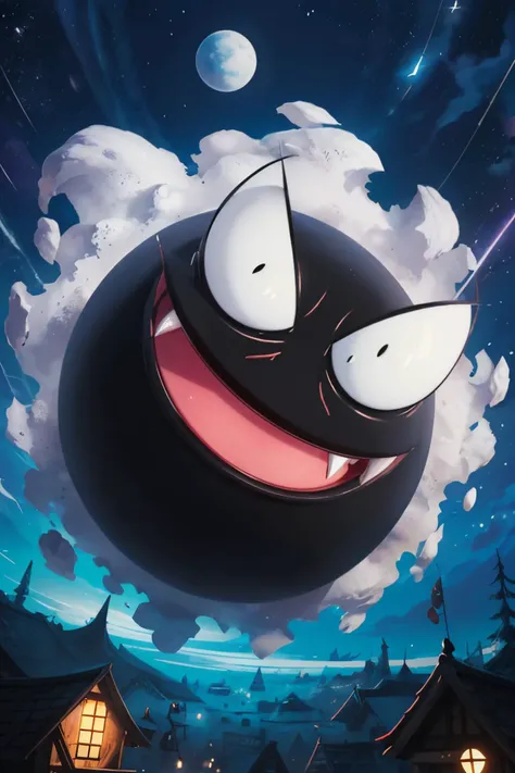 Gastly_Pokemon_Anime, pokemon (creature), ghost, floating above ground, looking at viewer, smiling, happy, fangs,  
outside, neighborhood, night, extreme detail, fantasy quality,  <lora:Gastly_Pokemon_Anime:.9>